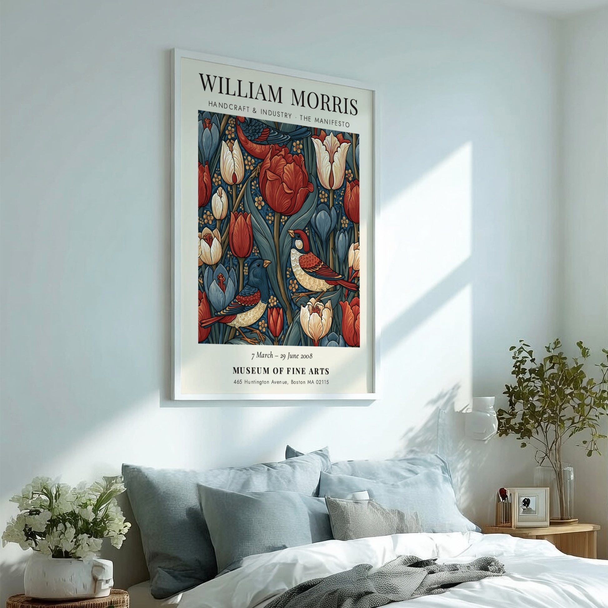 William Morris poster featuring vibrant tulips and birds in rich colors