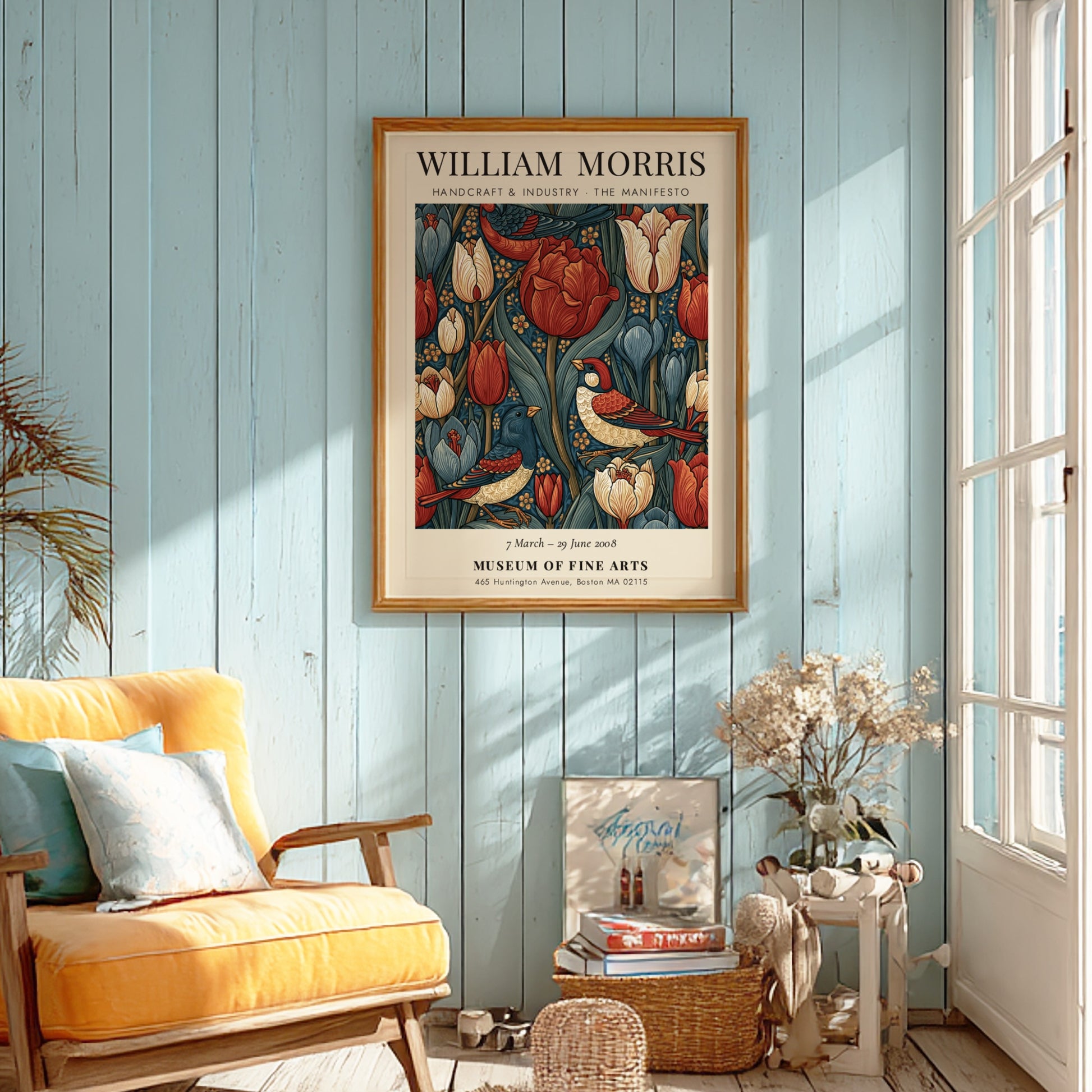 William Morris poster featuring vibrant tulips and birds in rich colors