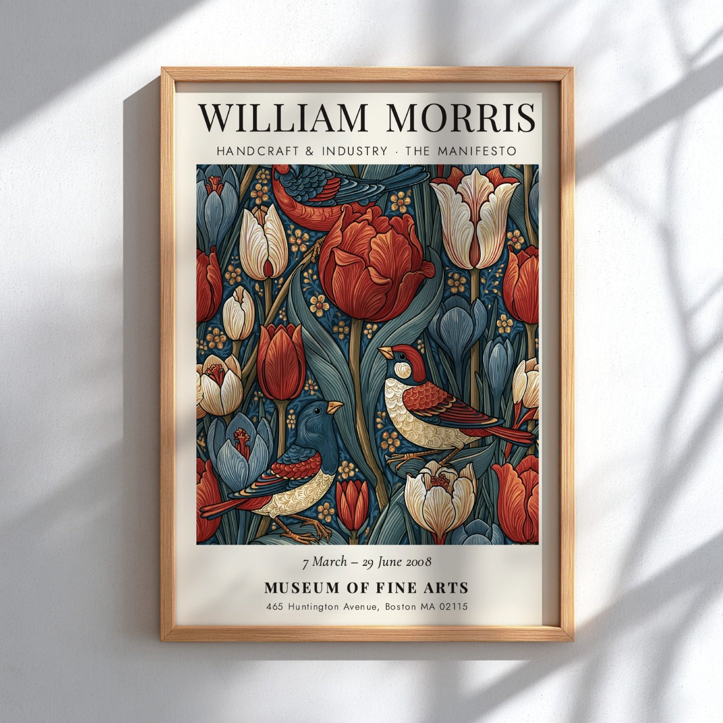 William Morris poster featuring vibrant tulips and birds in rich colors