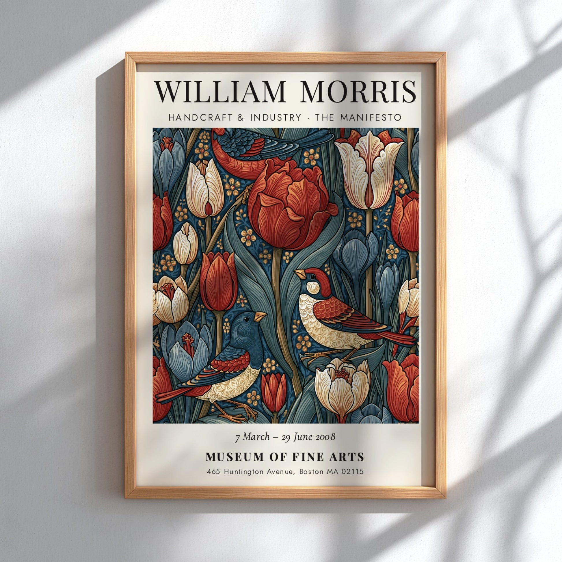 William Morris poster featuring vibrant tulips and birds in rich colors