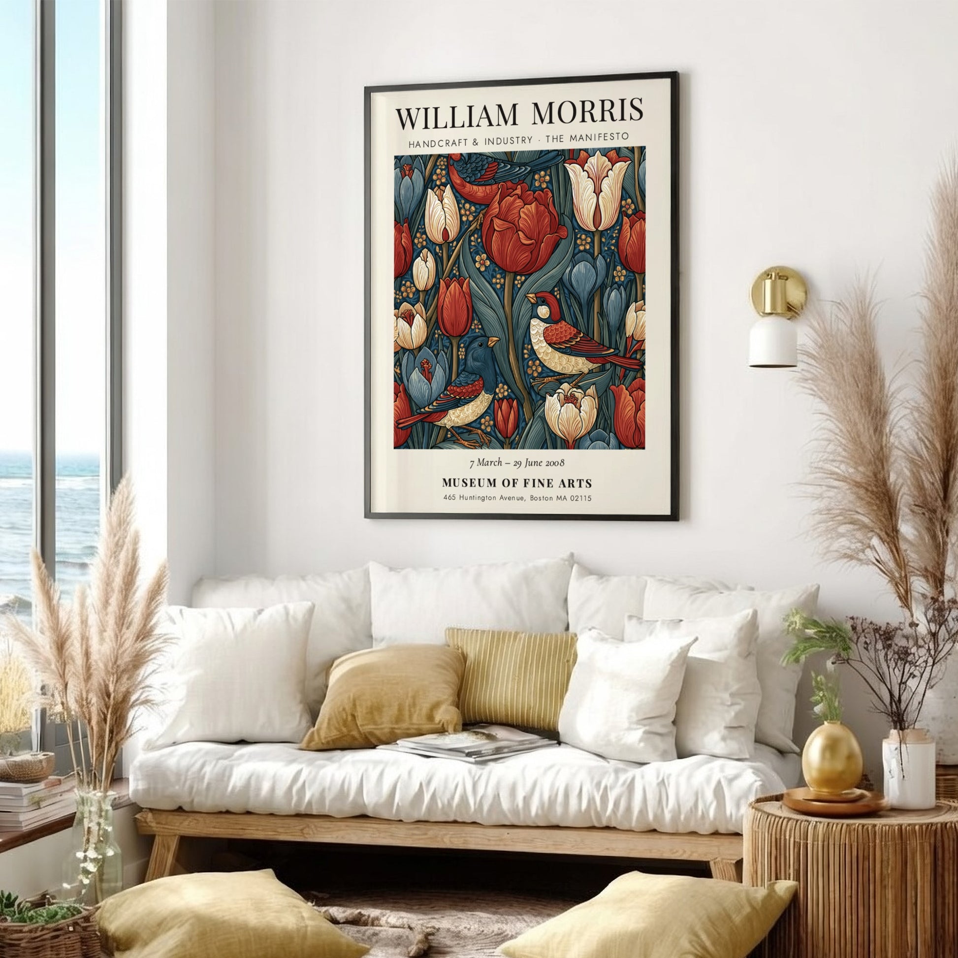 William Morris poster featuring vibrant tulips and birds in rich colors