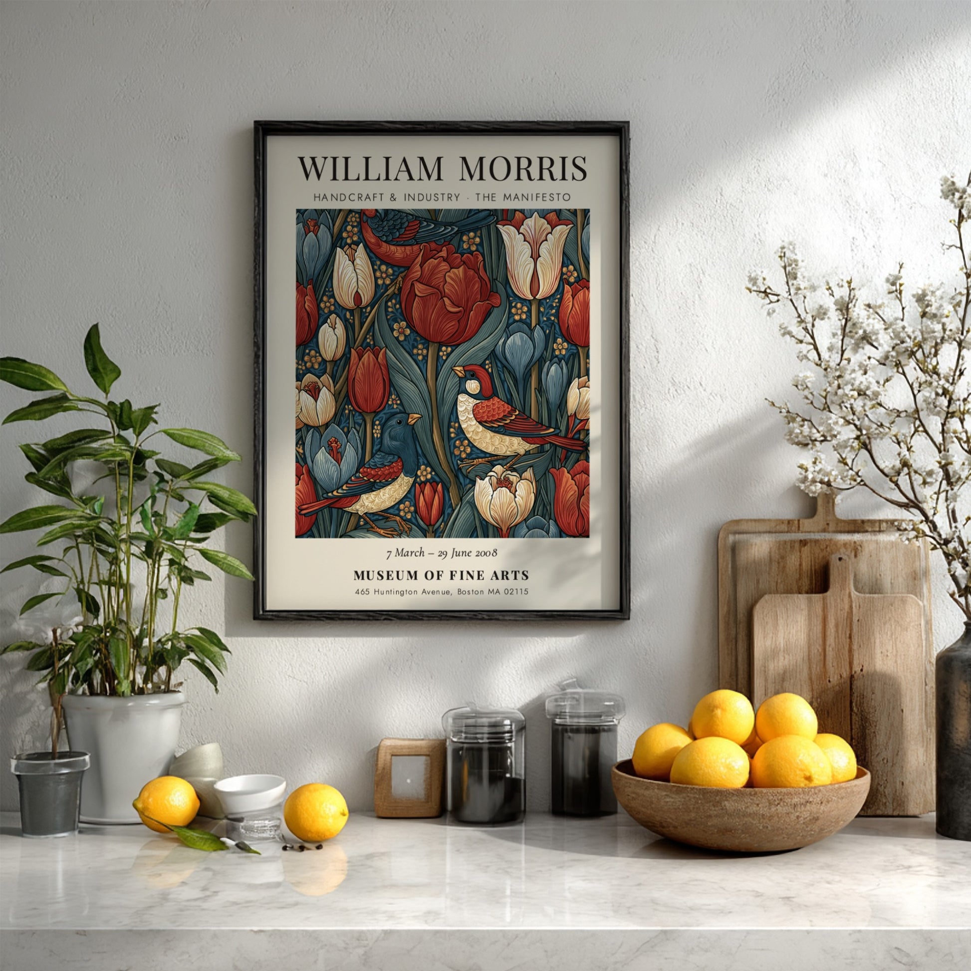 William Morris poster featuring vibrant tulips and birds in rich colors