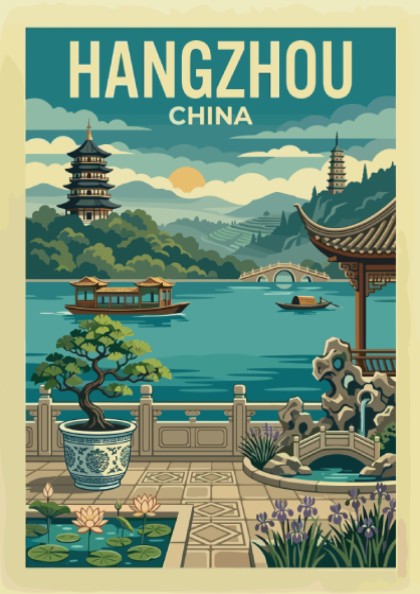 Vintage Hangzhou China travel poster featuring West Lake, pagodas, and boats in a retro illustration style.