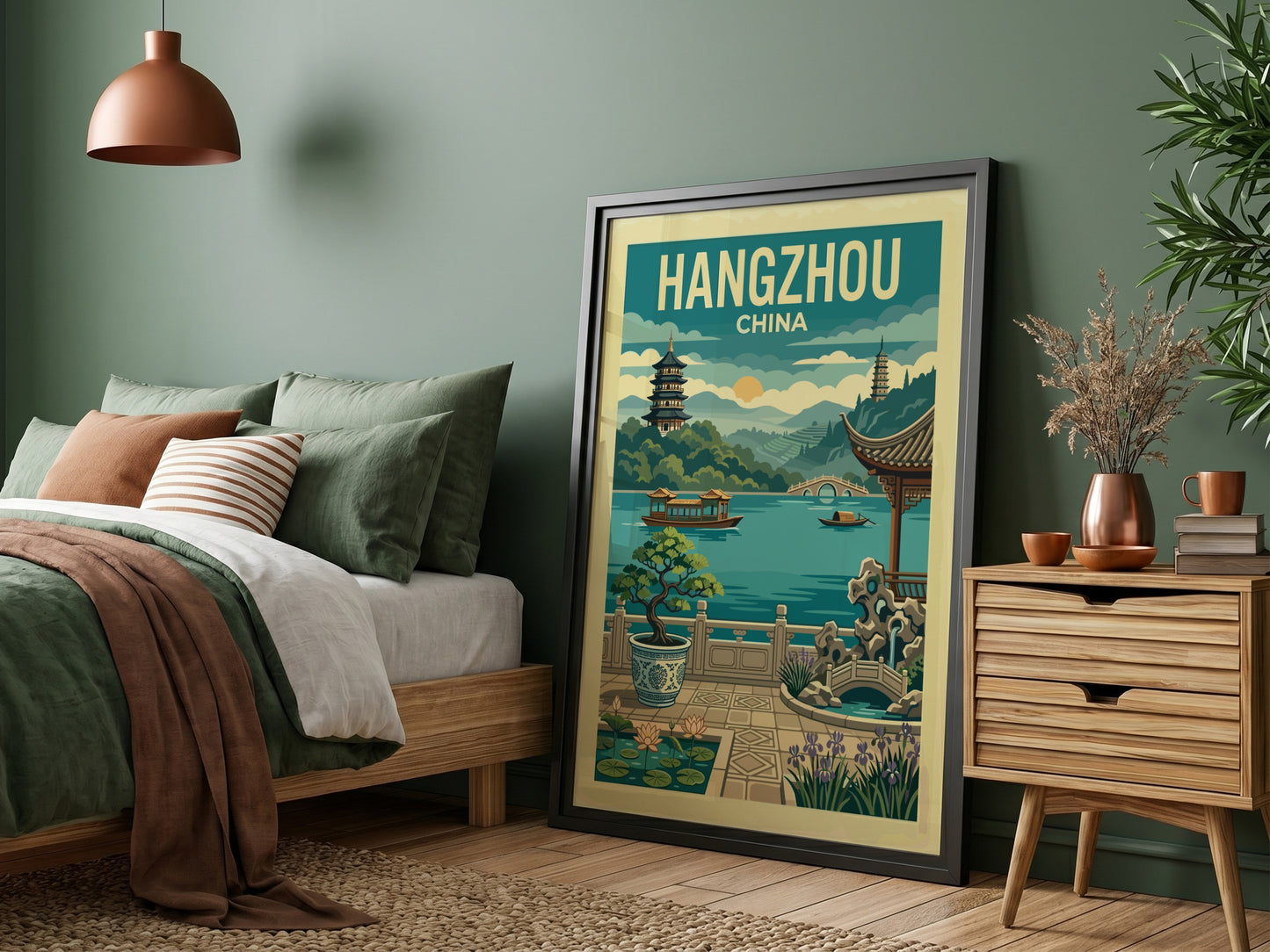 Vintage Hangzhou China travel poster featuring West Lake, pagodas, and boats in a retro illustration style.