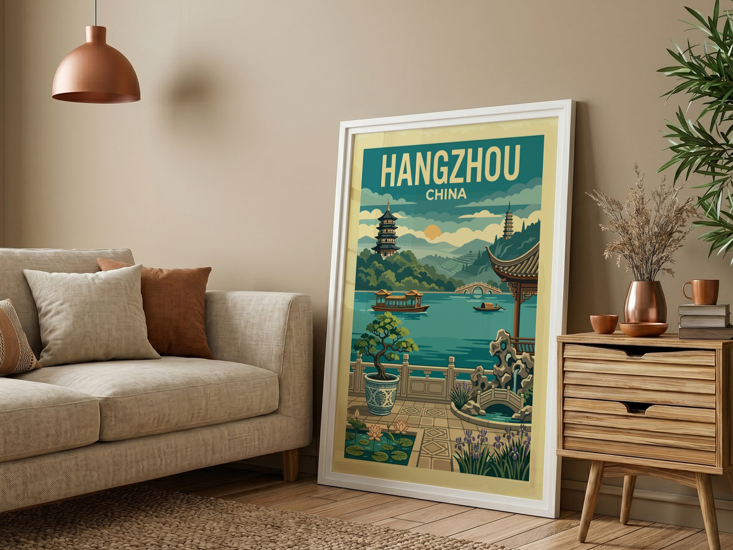 Vintage Hangzhou China travel poster featuring West Lake, pagodas, and boats in a retro illustration style.