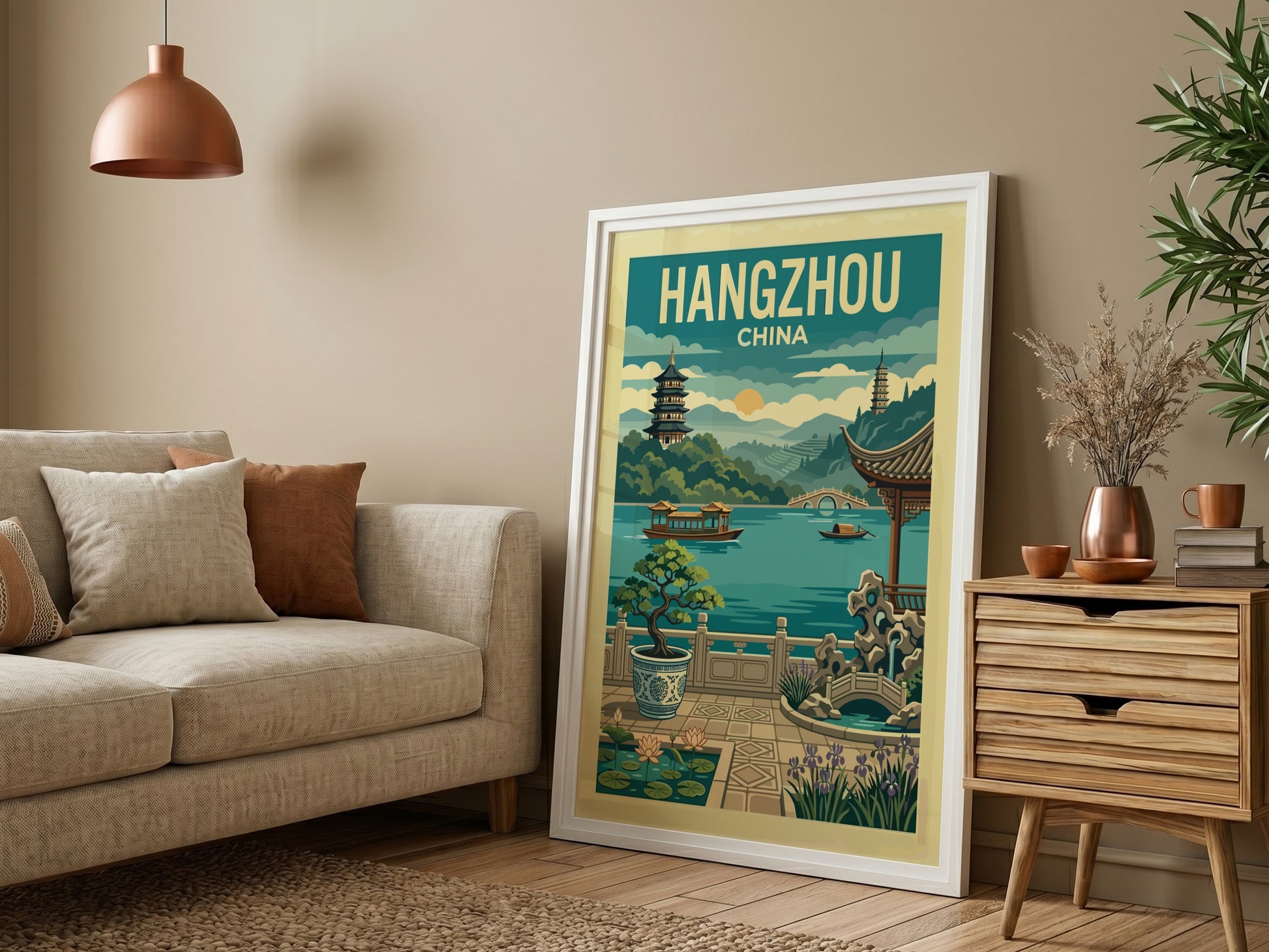 Vintage Hangzhou China travel poster featuring West Lake, pagodas, and boats in a retro illustration style.
