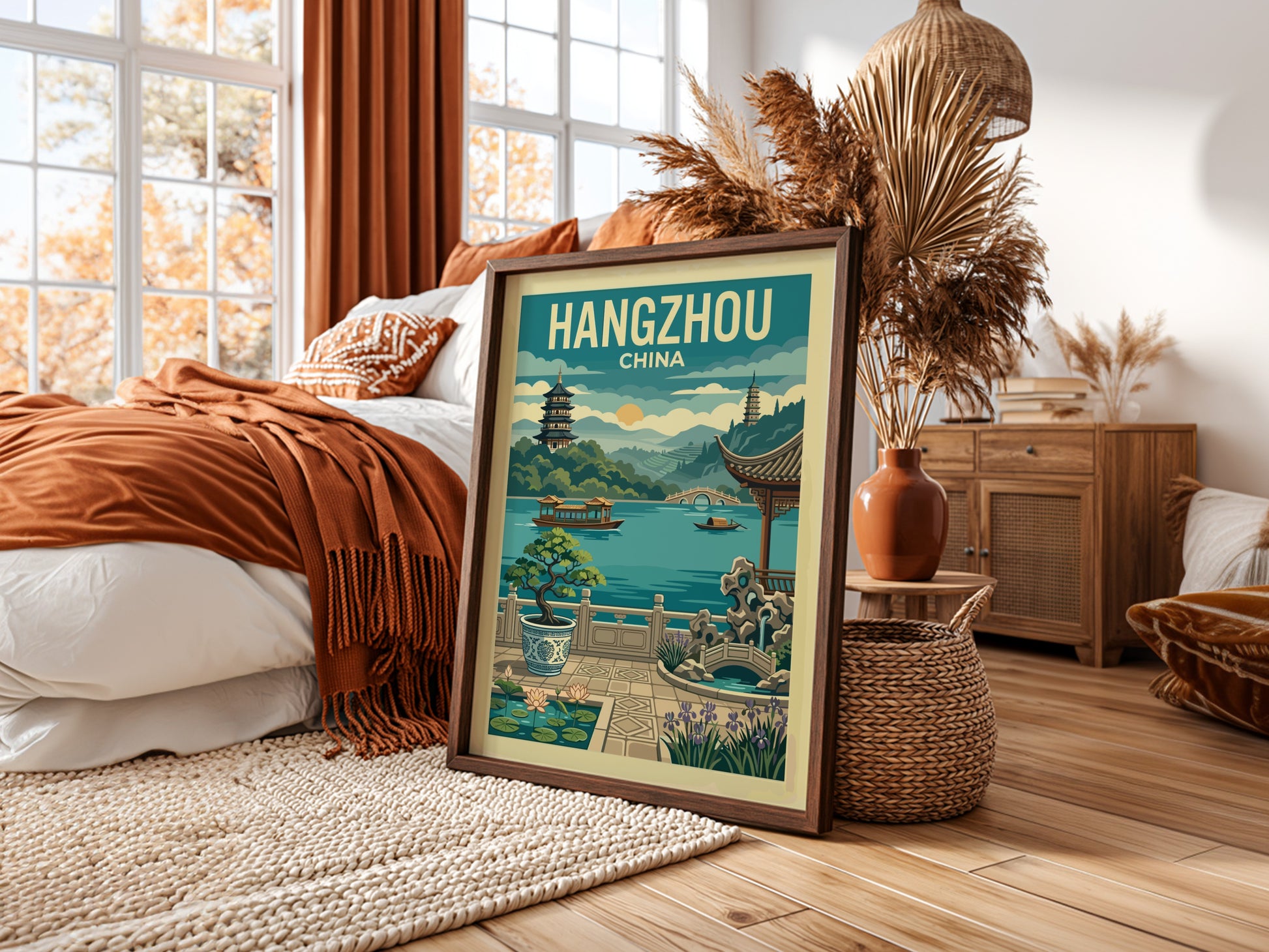 Vintage Hangzhou China travel poster featuring West Lake, pagodas, and boats in a retro illustration style.