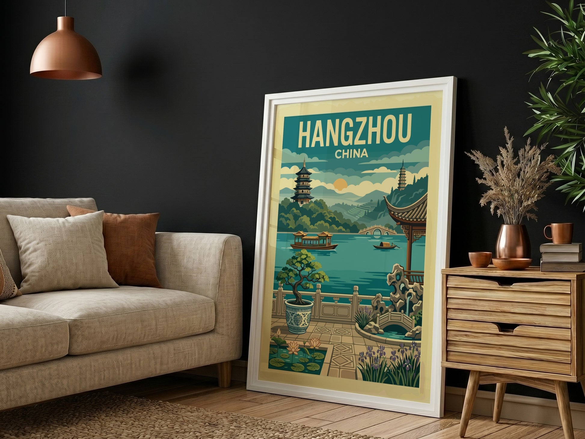Vintage Hangzhou China travel poster featuring West Lake, pagodas, and boats in a retro illustration style.