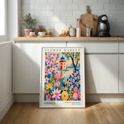 Hanoi Flower Market poster featuring colorful flowers and a pagoda in vibrant colors, perfect for home decor.