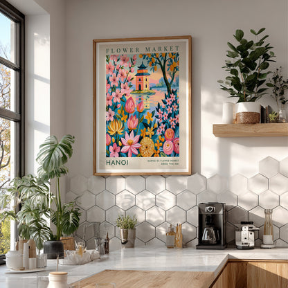 Hanoi Flower Market poster featuring colorful flowers and a pagoda in vibrant colors, perfect for home decor.