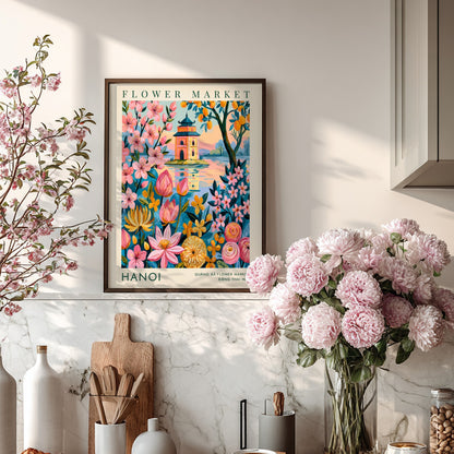 Hanoi Flower Market poster featuring colorful flowers and a pagoda in vibrant colors, perfect for home decor.