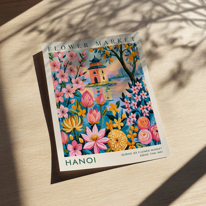 Hanoi Flower Market poster featuring colorful flowers and a pagoda in vibrant colors, perfect for home decor.
