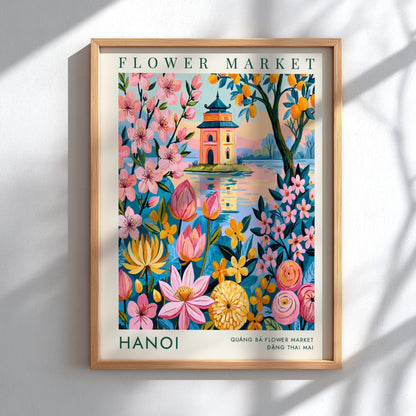 Hanoi Flower Market poster featuring colorful flowers and a pagoda in vibrant colors, perfect for home decor.