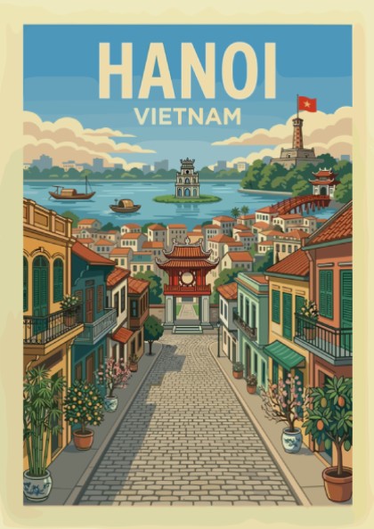 Hanoi Vietnam travel poster with vintage illustration of a street scene and lake.