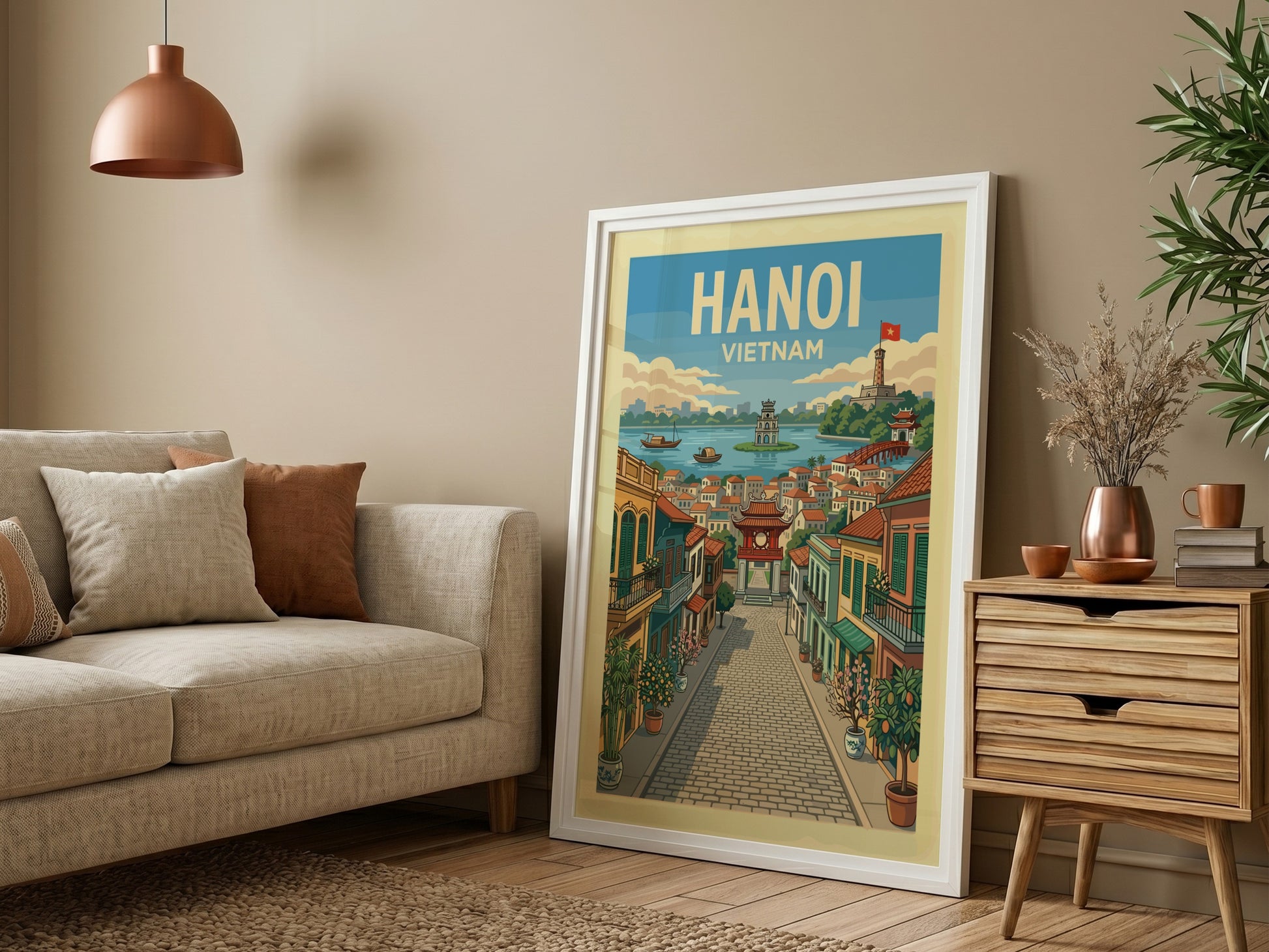 Hanoi Vietnam travel poster with vintage illustration of a street scene and lake.