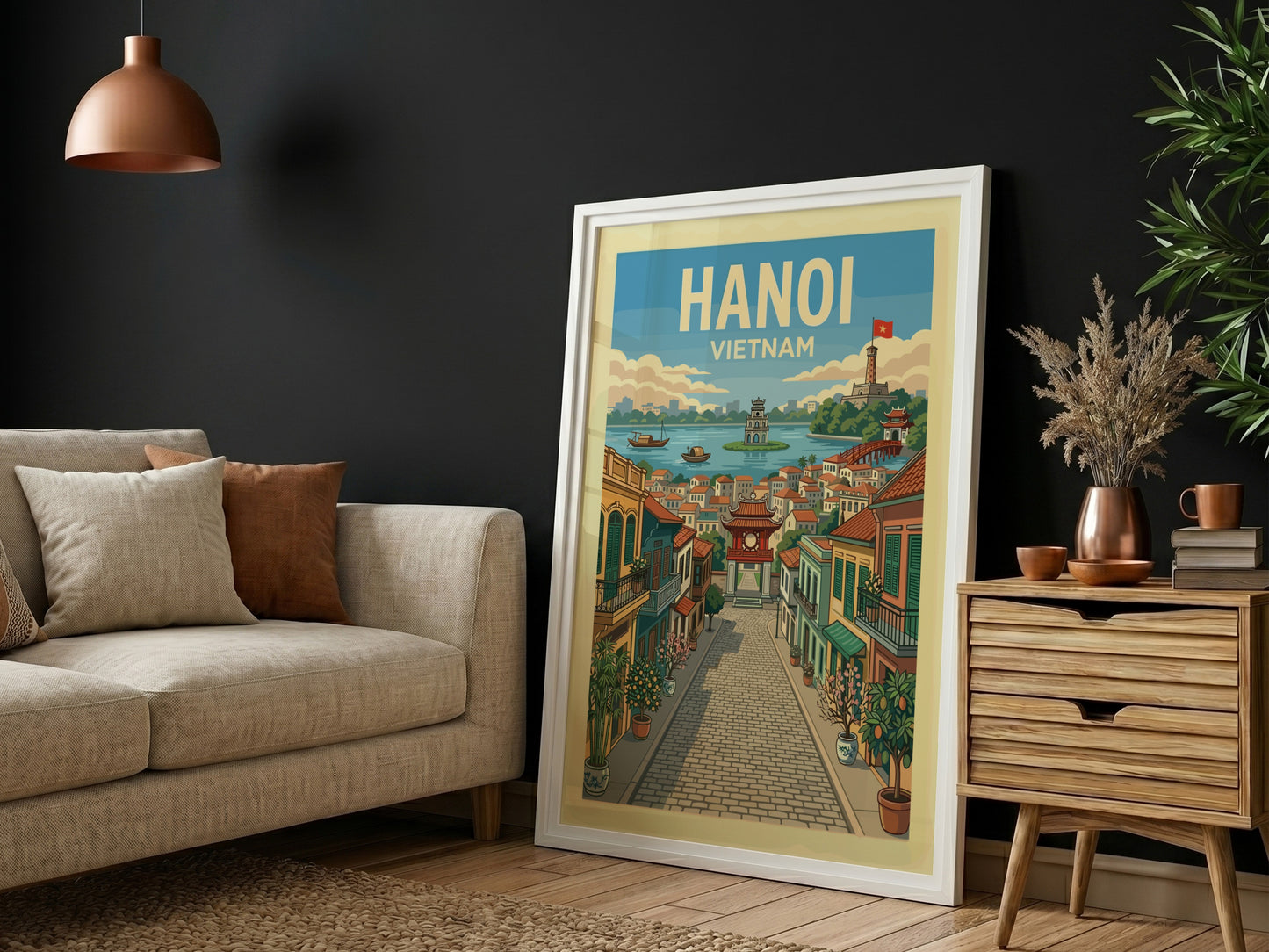 Hanoi Vietnam travel poster with vintage illustration of a street scene and lake.