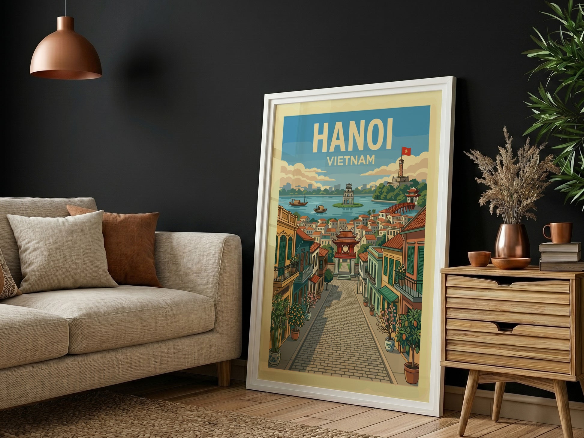 Hanoi Vietnam travel poster with vintage illustration of a street scene and lake.