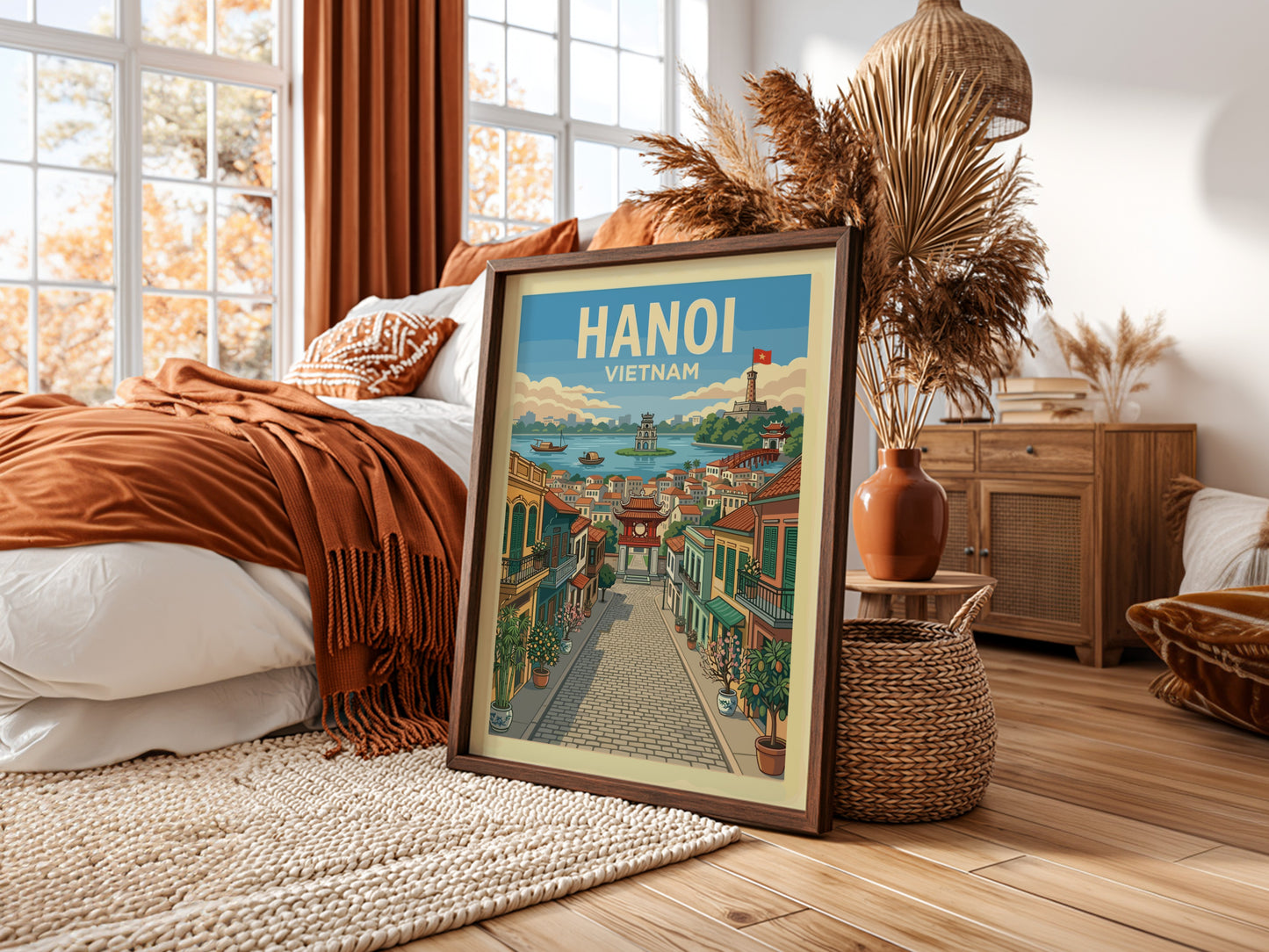 Hanoi Vietnam travel poster with vintage illustration of a street scene and lake.