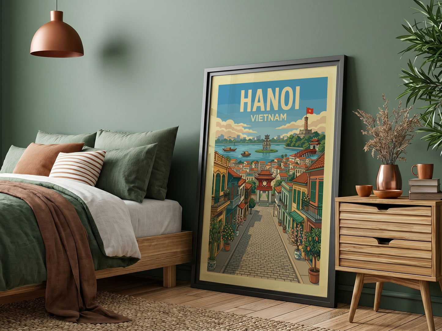 Hanoi Vietnam travel poster with vintage illustration of a street scene and lake.