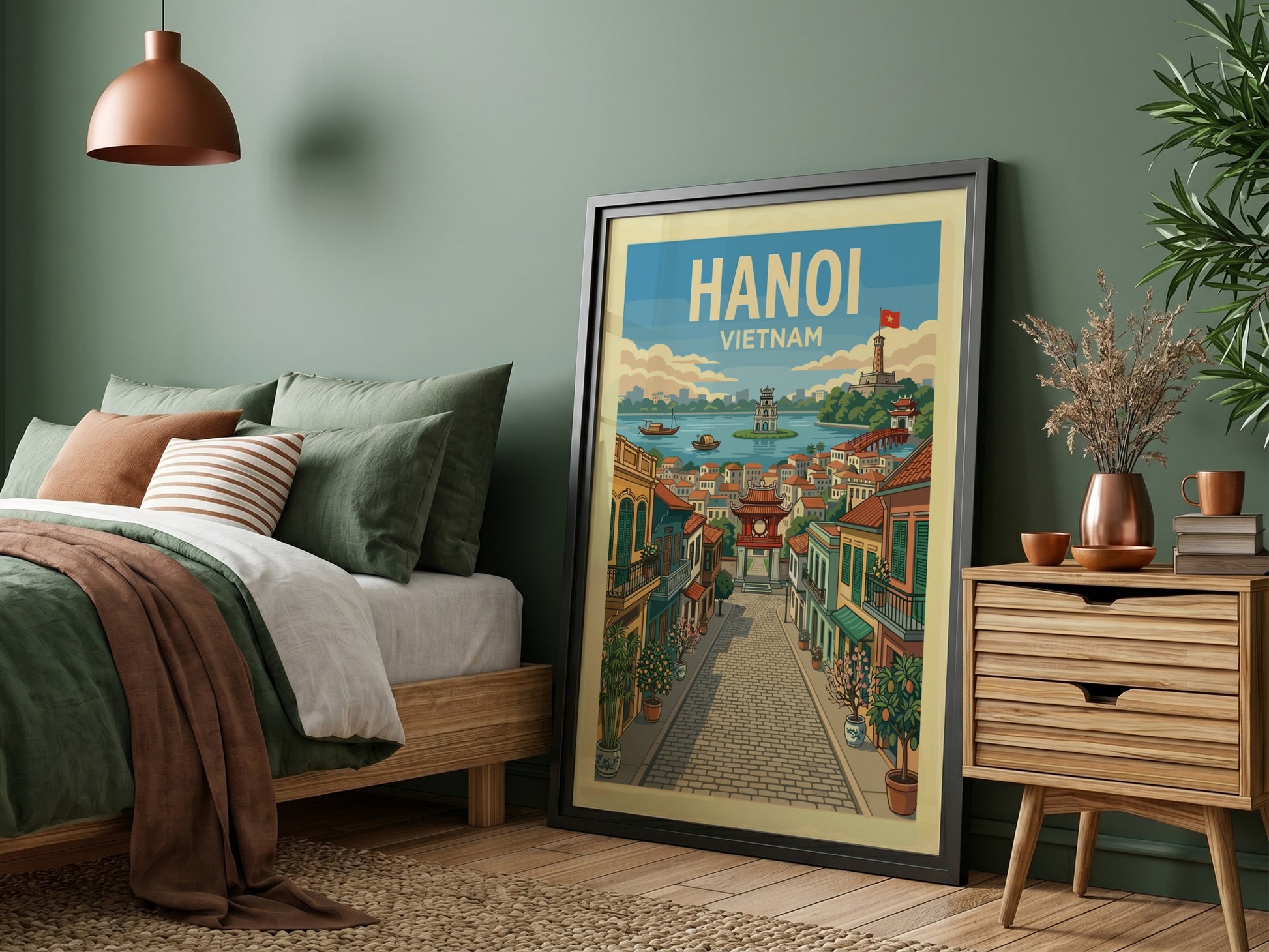 Hanoi Vietnam travel poster with vintage illustration of a street scene and lake.