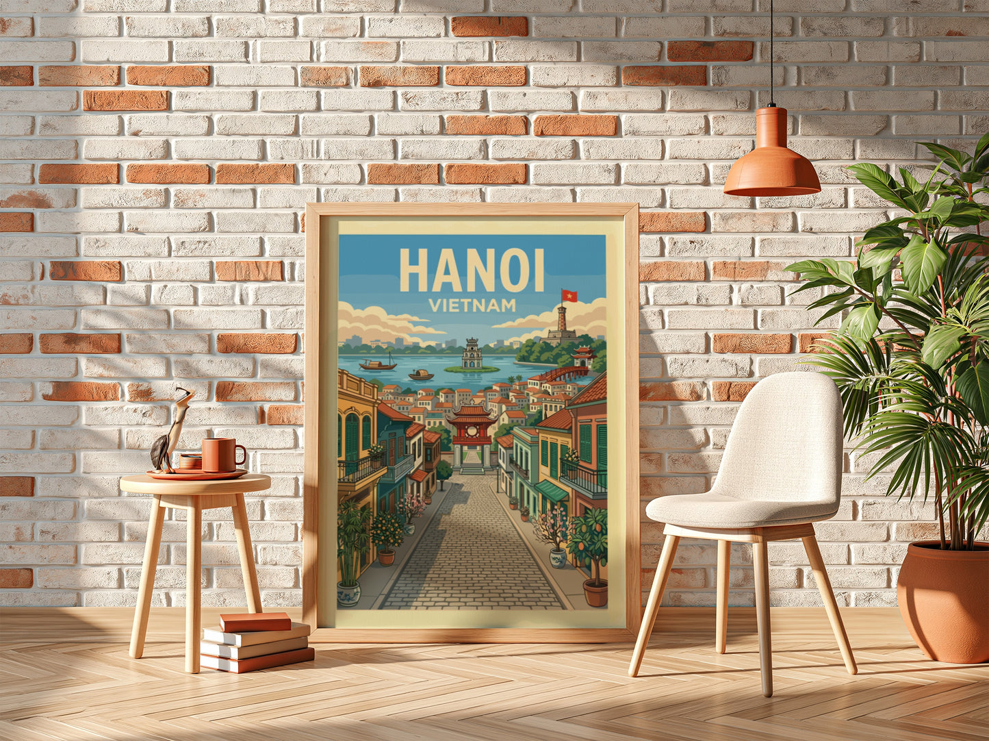 Hanoi Vietnam travel poster with vintage illustration of a street scene and lake.