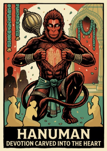 Poster of Hanuman opening his chest to reveal Rama and Sita in warm tones.