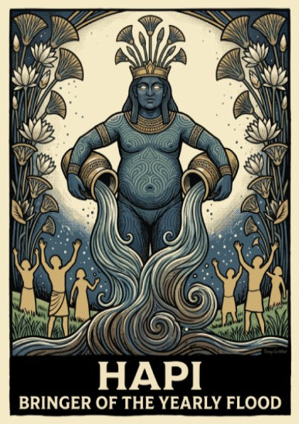 Poster of Hapi the Egyptian deity pouring water from two jars with lotus flowers.
