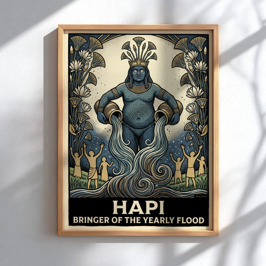 Poster of Hapi the Egyptian deity pouring water from two jars with lotus flowers.