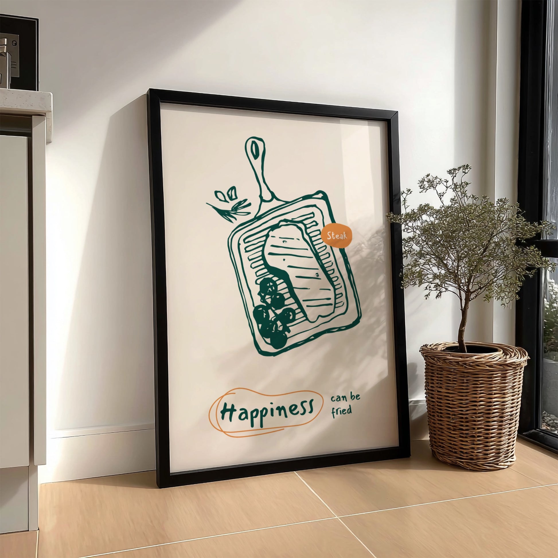 Happiness Can Be Fried - Steak Poster | Juicy Steak Wall Art Print