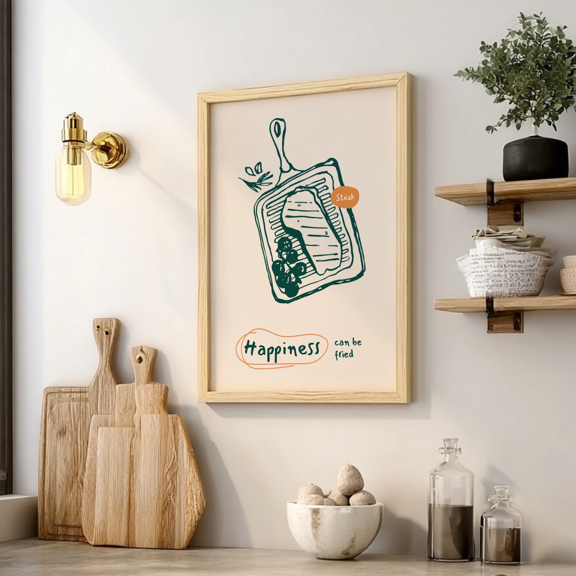 Happiness Can Be Fried - Steak Poster | Juicy Steak Wall Art Print