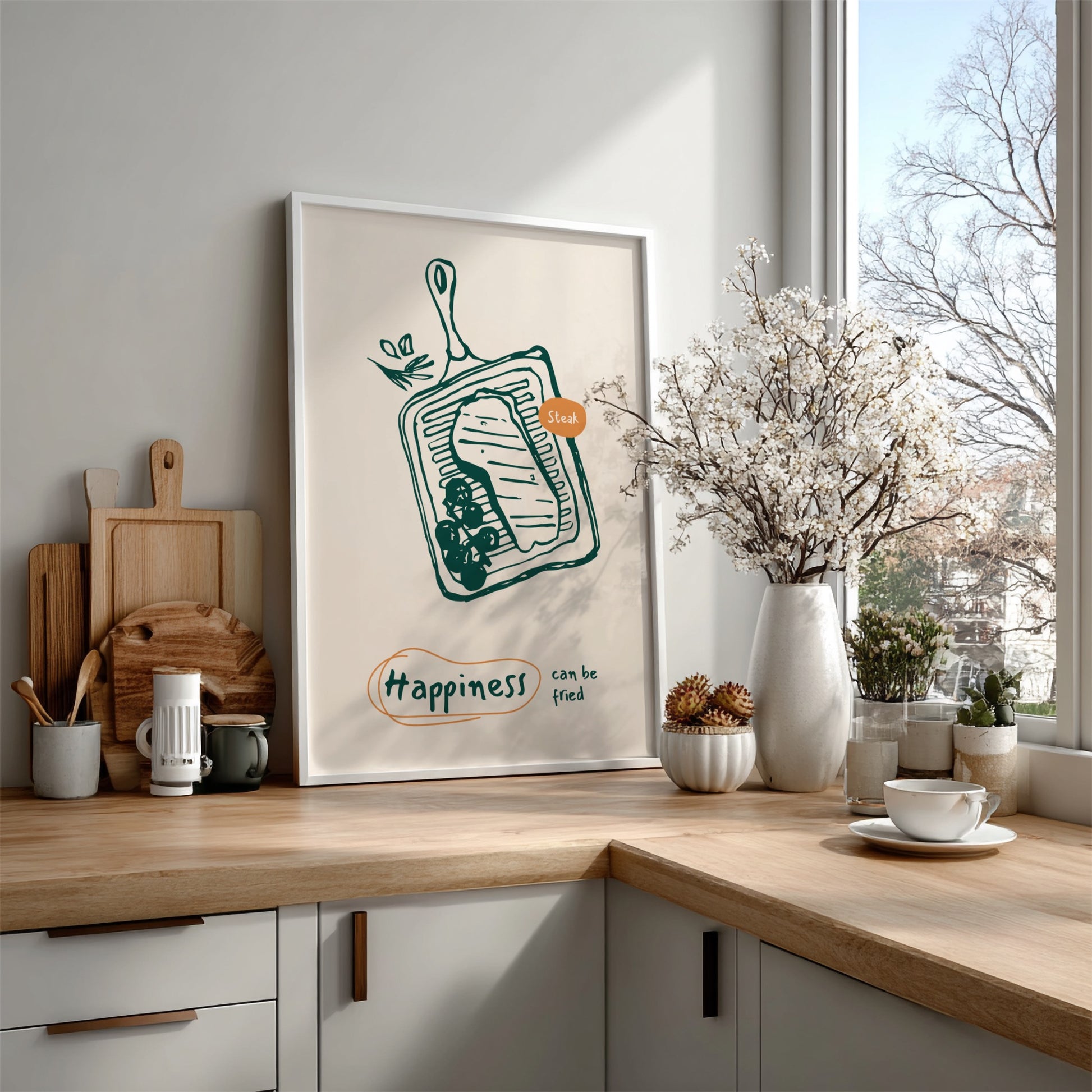 Happiness Can Be Fried - Steak Poster | Juicy Steak Wall Art Print