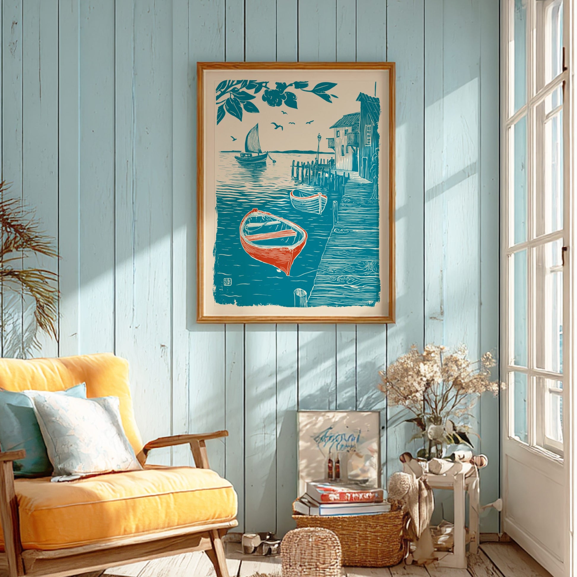 Living room with a yellow sofa, framed artwork of a boat scene, and decorative items.