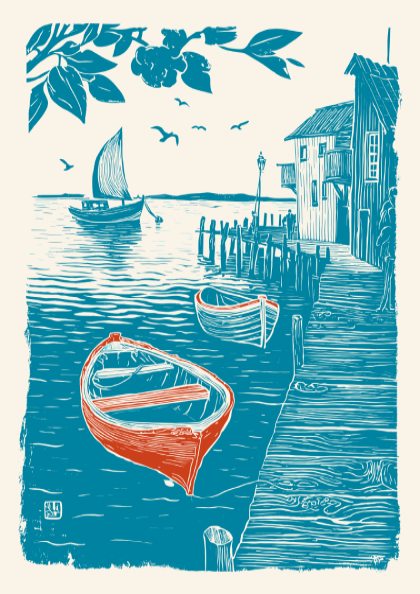 Illustration of a coastal scene with boats, a house, and trees.