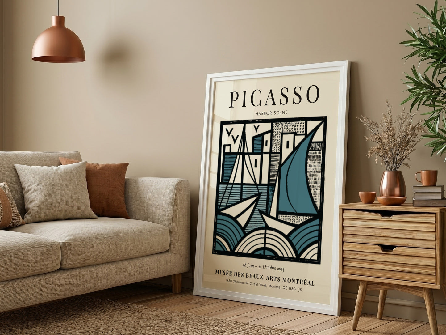 Harbor scene poster inspired by Picasso featuring geometric shapes and a blue color palette