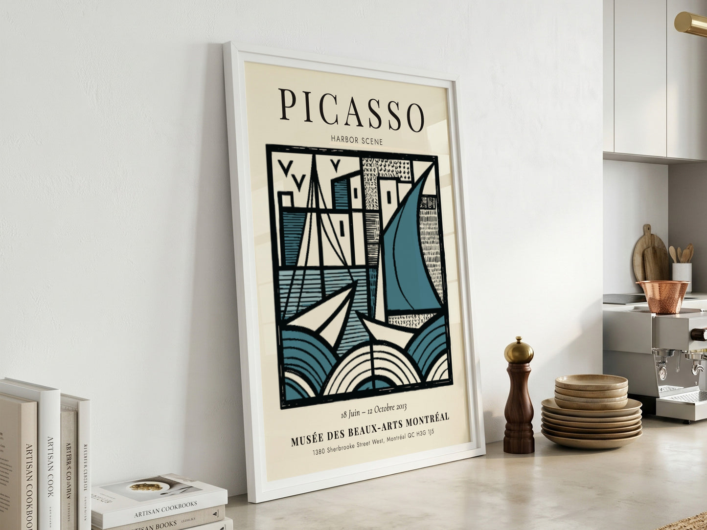 Harbor scene poster inspired by Picasso featuring geometric shapes and a blue color palette