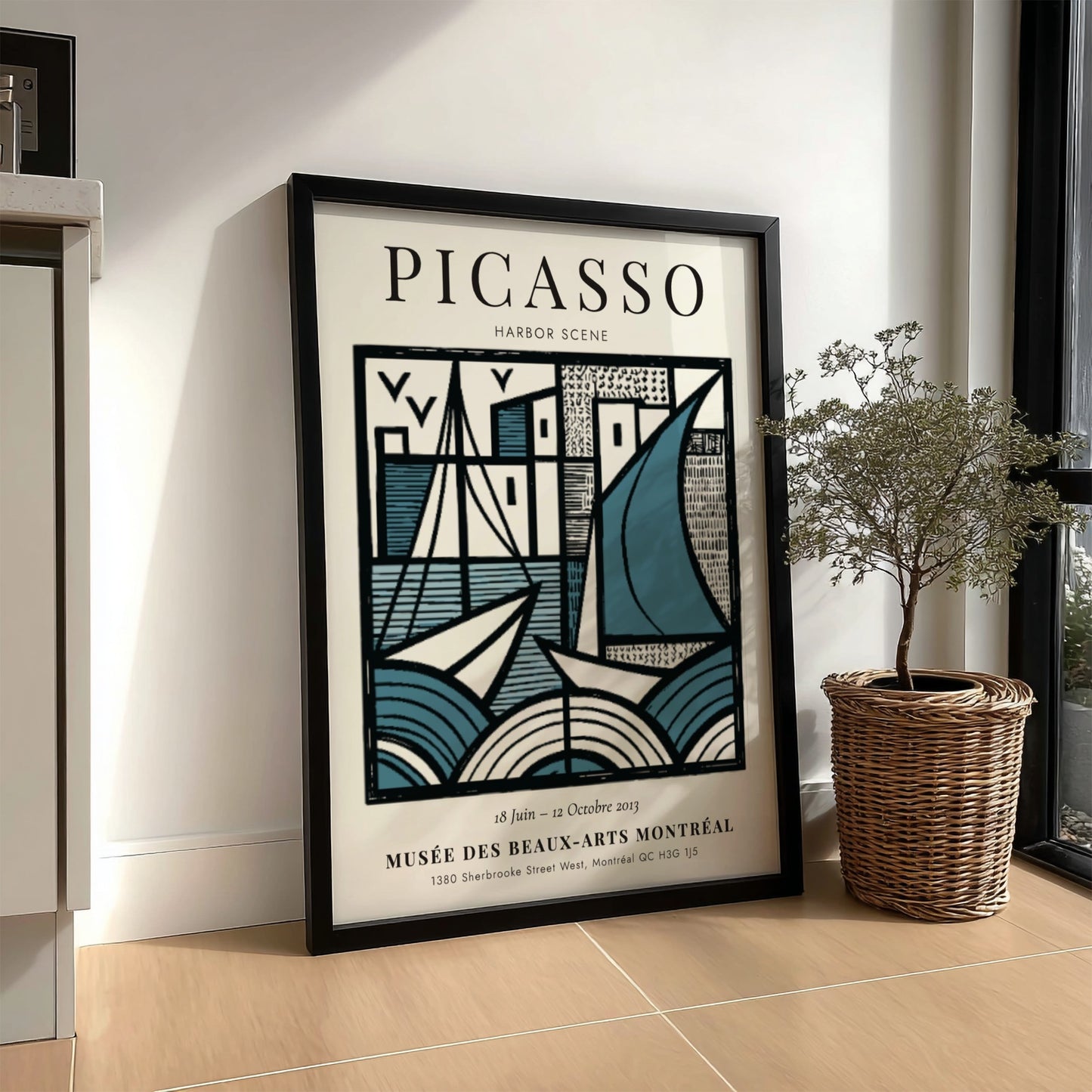 Harbor scene poster inspired by Picasso featuring geometric shapes and a blue color palette