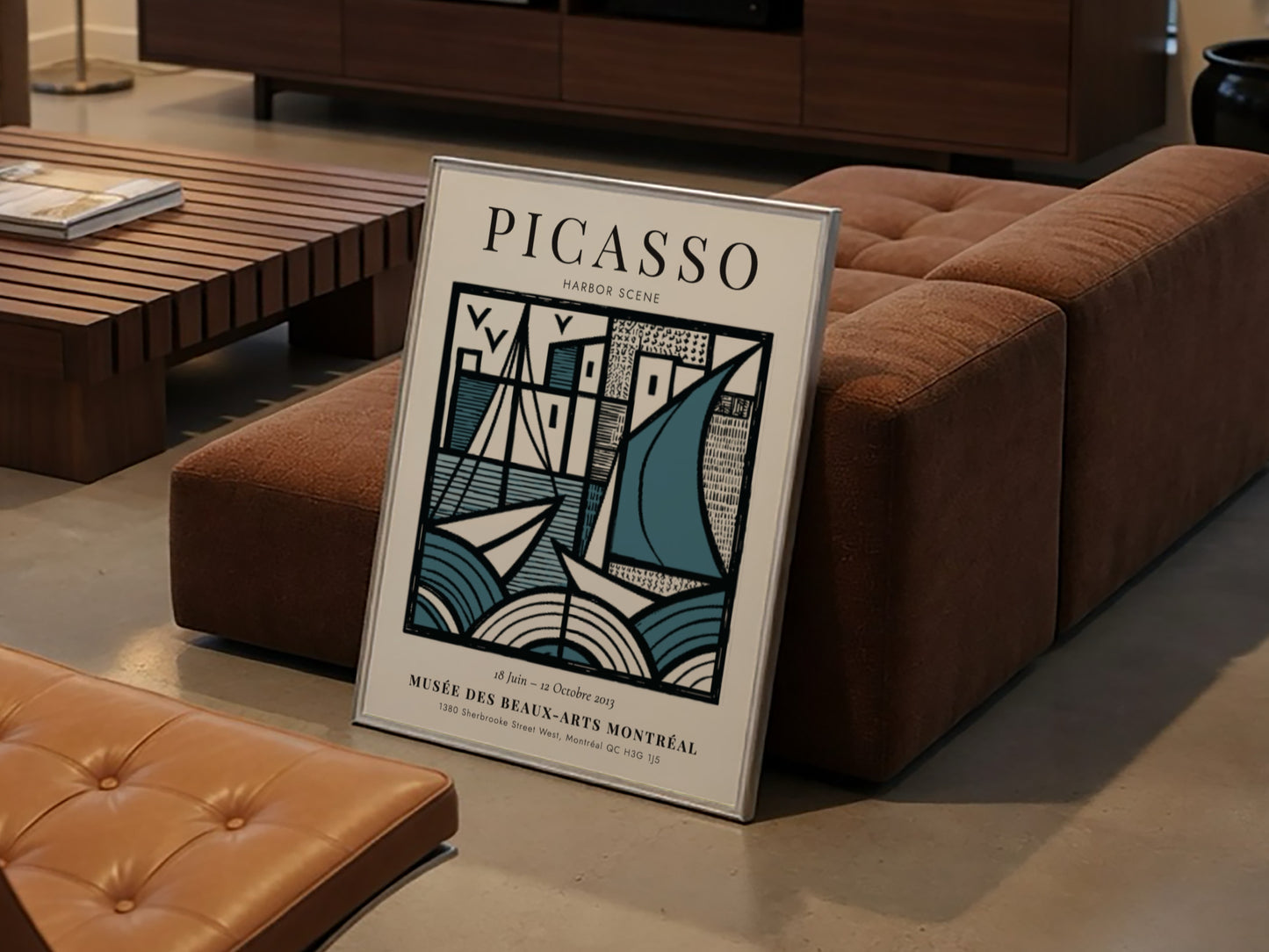 Harbor scene poster inspired by Picasso featuring geometric shapes and a blue color palette