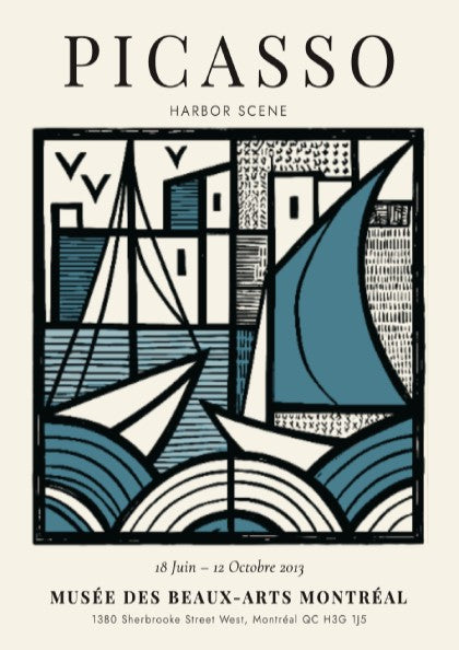 Harbor scene poster inspired by Picasso featuring geometric shapes and a blue color palette