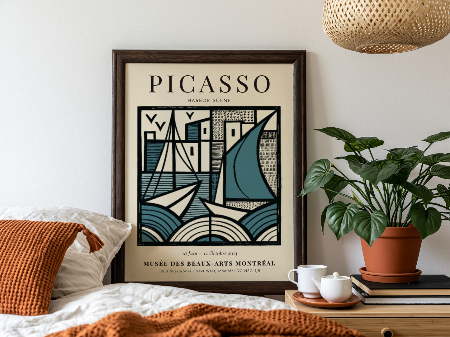 Harbor scene poster inspired by Picasso featuring geometric shapes and a blue color palette