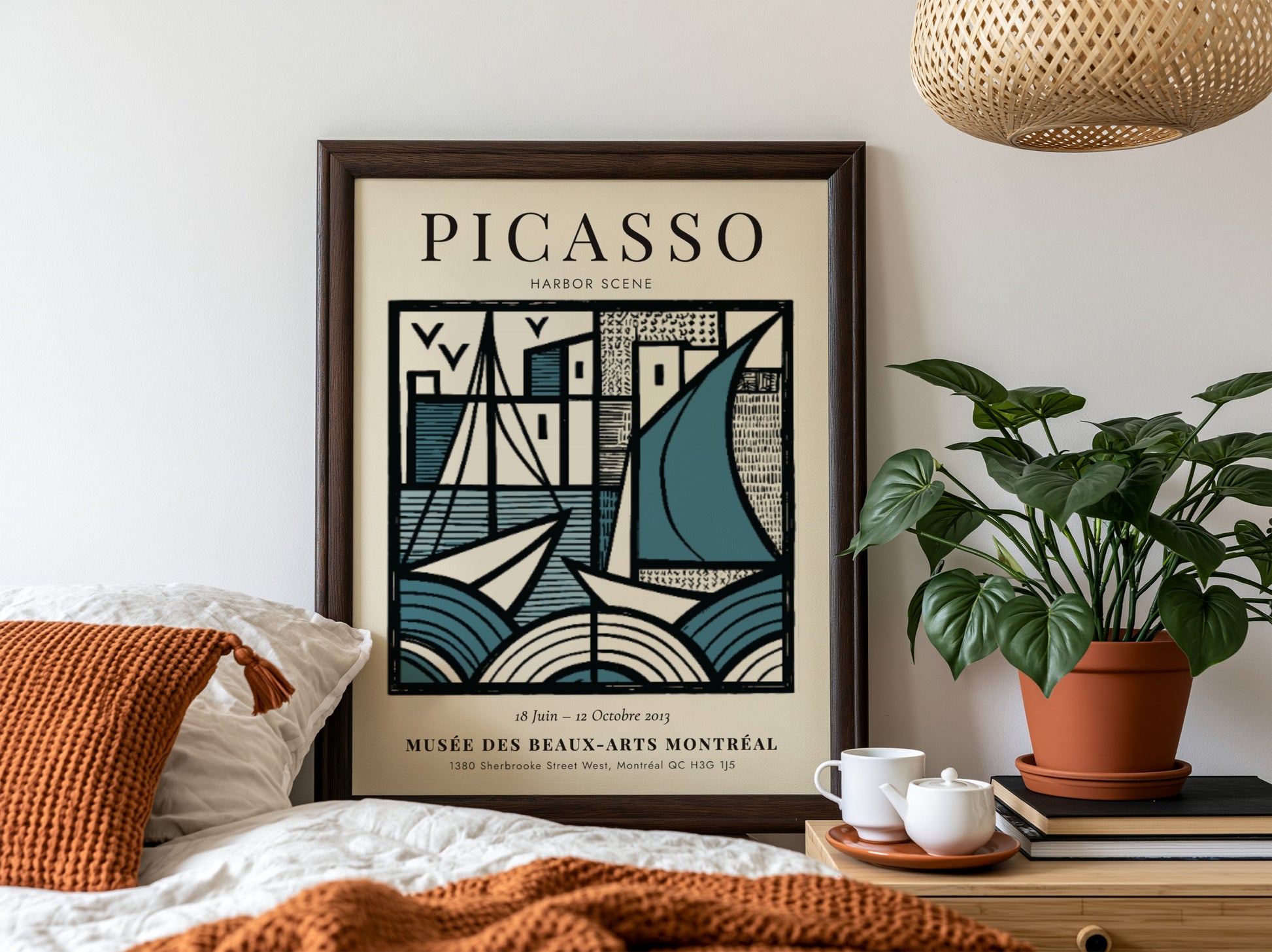 Harbor scene poster inspired by Picasso featuring geometric shapes and a blue color palette
