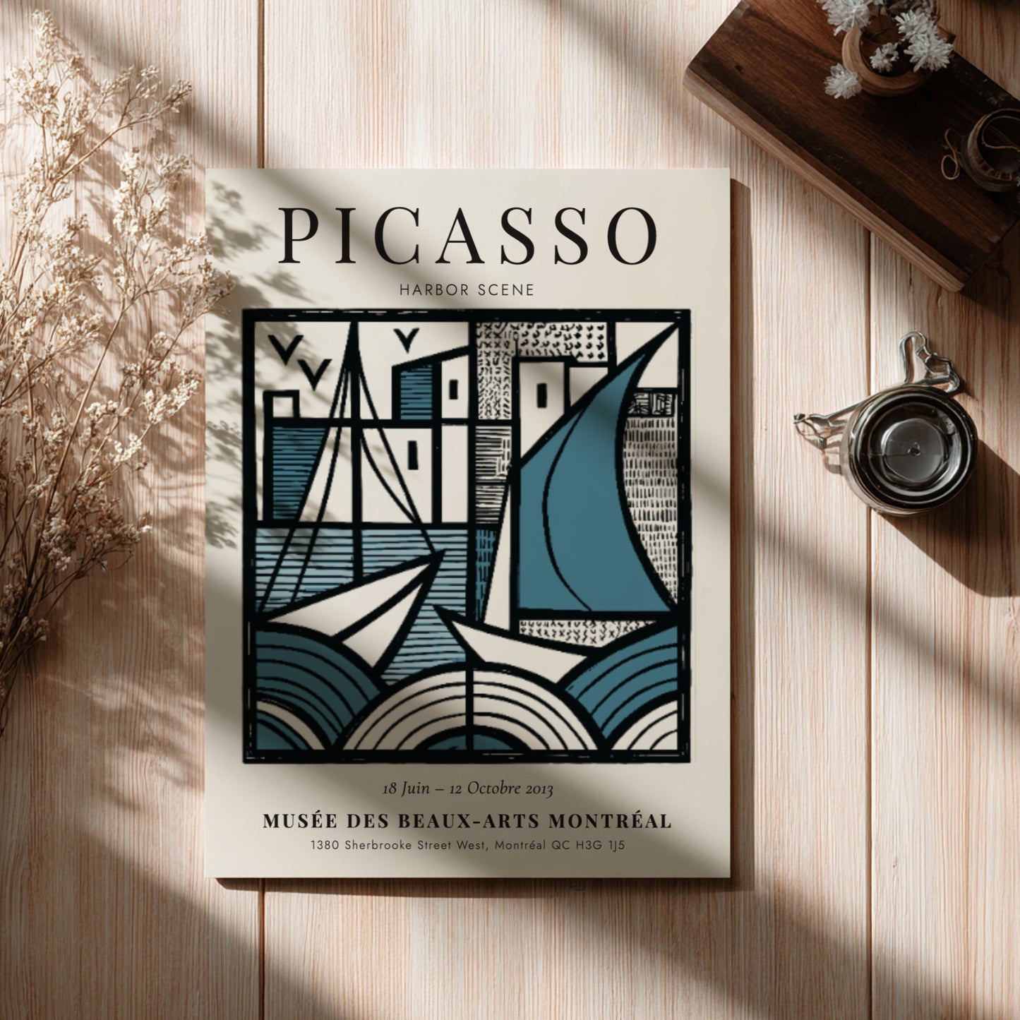 Harbor scene poster inspired by Picasso featuring geometric shapes and a blue color palette