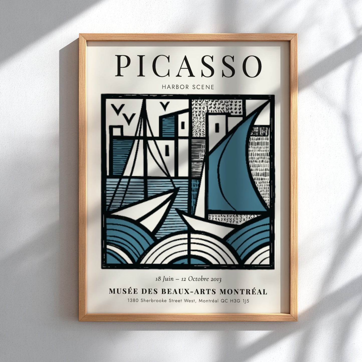 Harbor scene poster inspired by Picasso featuring geometric shapes and a blue color palette