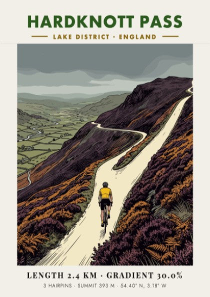 Poster featuring a cyclist climbing the steep hairpin turns of Hardknott Pass England