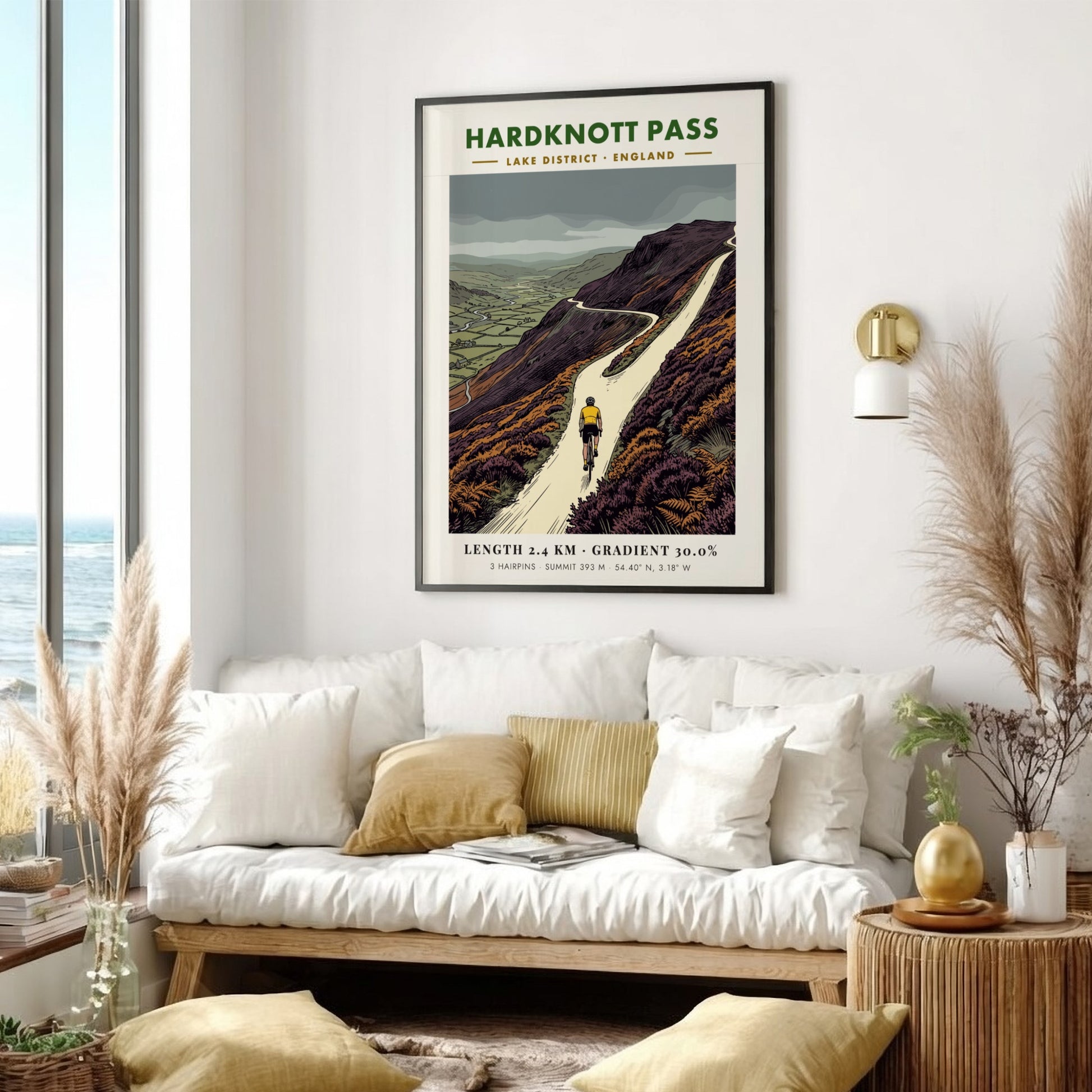Poster featuring a cyclist climbing the steep hairpin turns of Hardknott Pass England