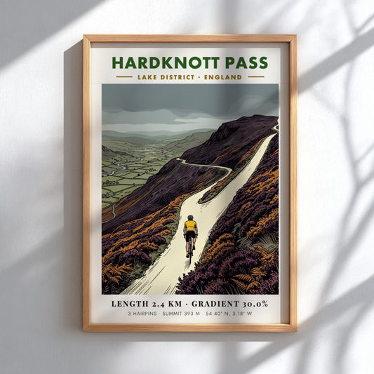 Poster featuring a cyclist climbing the steep hairpin turns of Hardknott Pass England