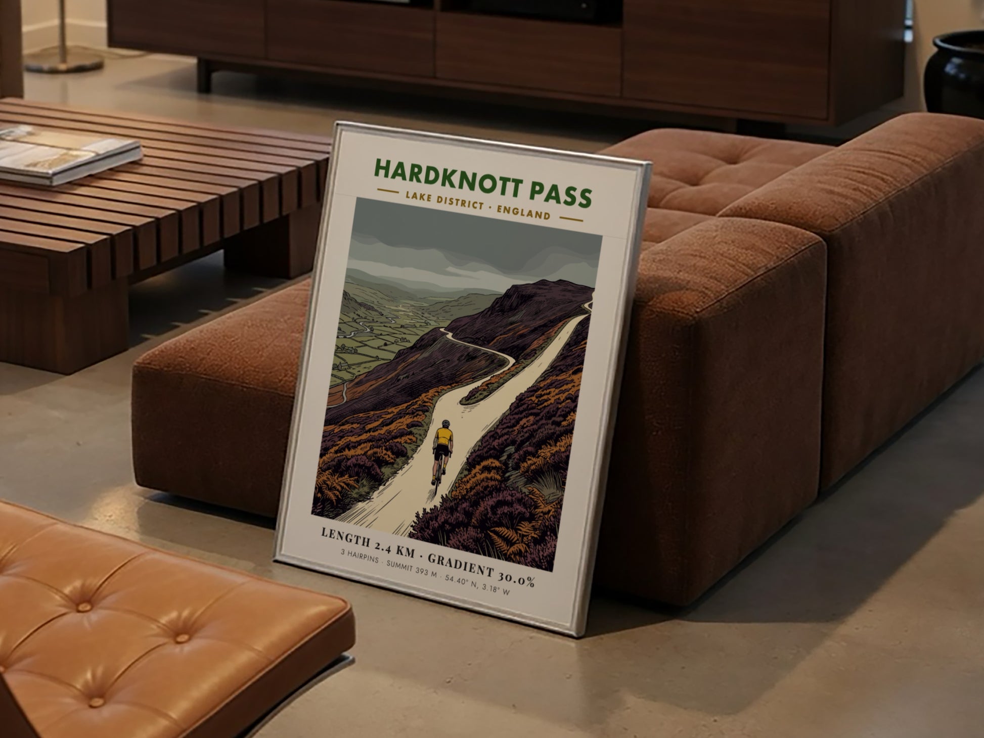 Poster featuring a cyclist climbing the steep hairpin turns of Hardknott Pass England