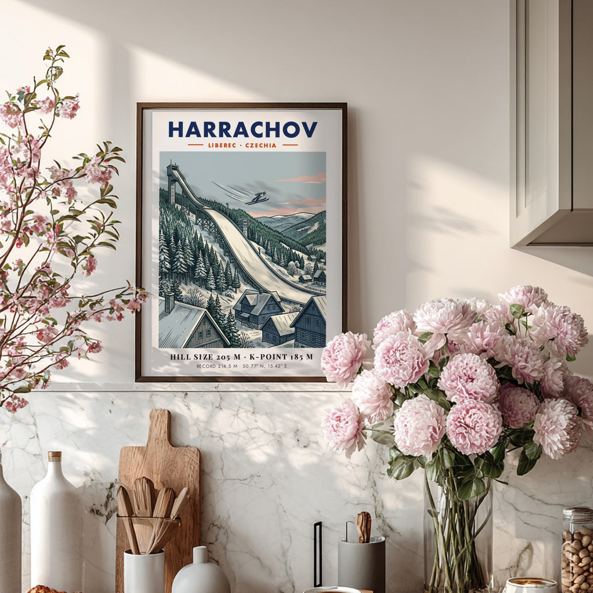 Poster of Harrachov ski jump in Czechia with an athlete flying over snowy forests.
