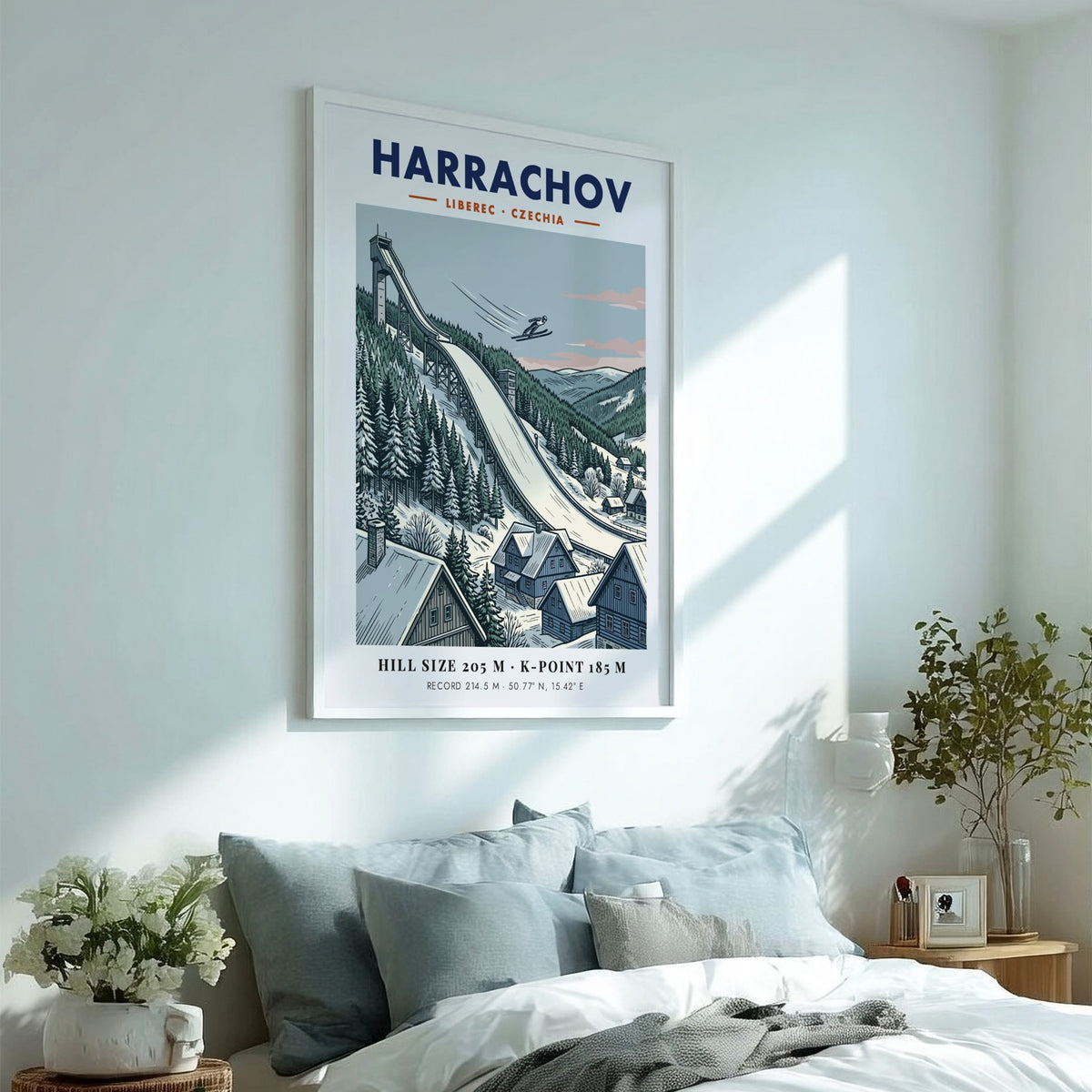 Poster of Harrachov ski jump in Czechia with an athlete flying over snowy forests.
