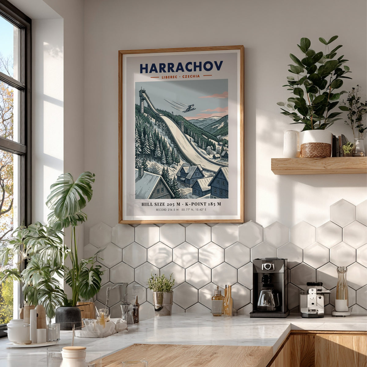 Poster of Harrachov ski jump in Czechia with an athlete flying over snowy forests.