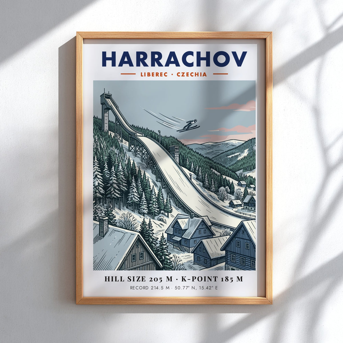 Poster of Harrachov ski jump in Czechia with an athlete flying over snowy forests.